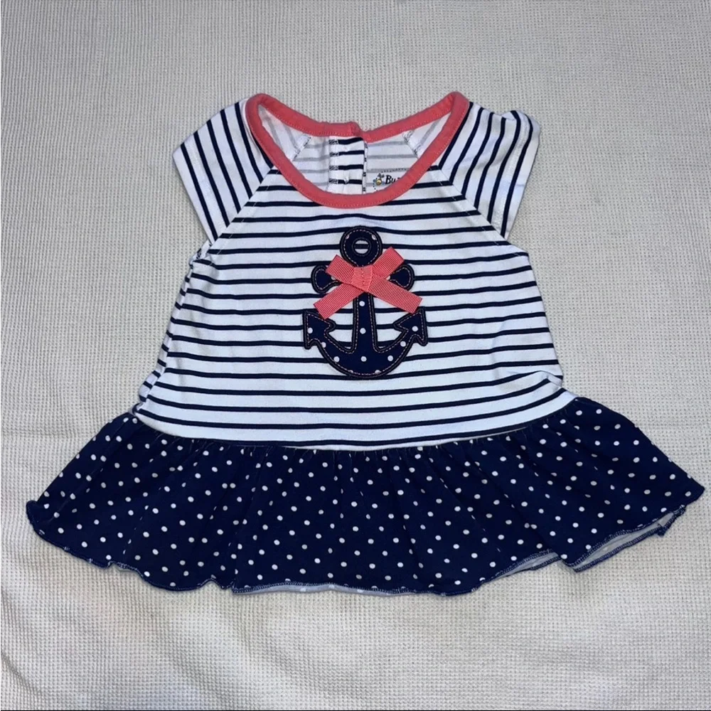 Bumble & Birdie Striped Baby Dress with Coral Trim